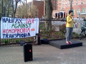 Megan Leslie addresses rally-goers on International Day Against Homophobia, May 17, 2011